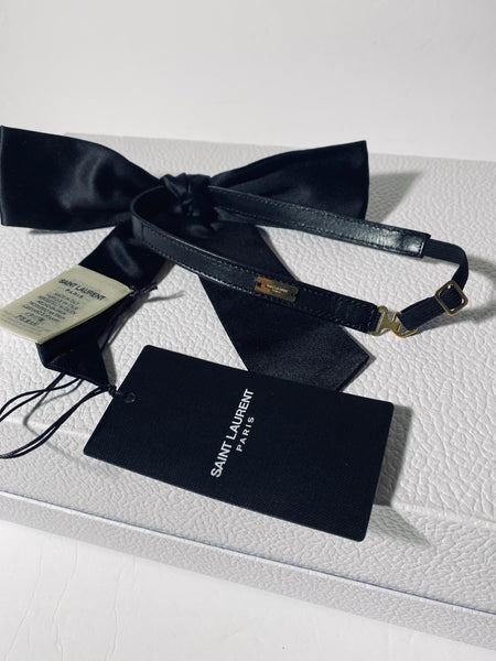 SAINT LAURENT PARIS SILK LEATHER BOW TIE - BLACK