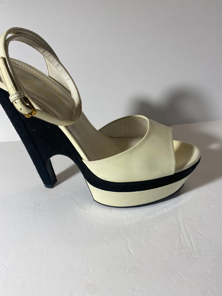 Yves Saint Laurent Paris White Patent Leather & Black  Velvet Platform Heels Size:39.5/9