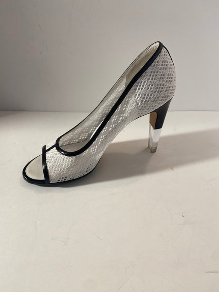 Chanel white lace black leather open toe Size: 39.5