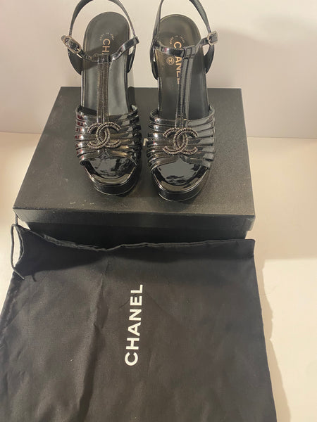 Chanel Black Cc Logos Patent Leather Heels Sandals Size:39.5