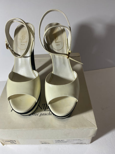 Yves Saint Laurent Paris White Patent Leather & Black  Velvet Platform Heels Size:39.5/9