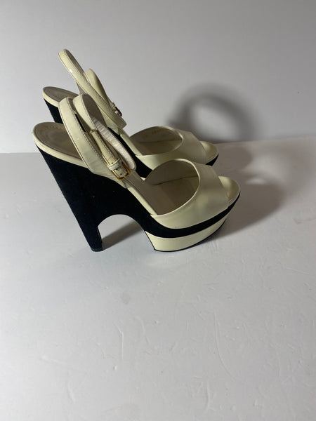 Yves Saint Laurent Paris White Patent Leather & Black  Velvet Platform Heels Size:39.5/9