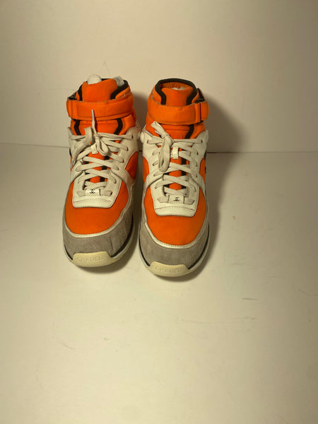 CHANEL Suede Calfskin Lambskin Neoprene High Top CC Sneakers White Fluo Orange Size: 41