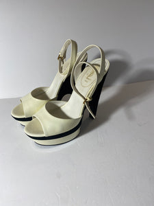 Yves Saint Laurent Paris White Patent Leather & Black  Velvet Platform Heels Size:39.5/9