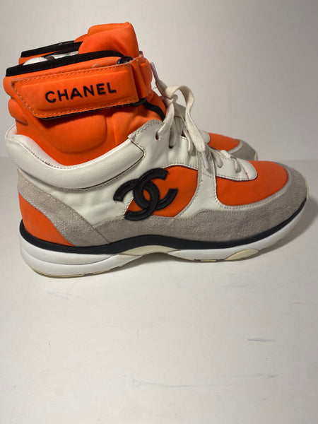 CHANEL Suede Calfskin Lambskin Neoprene High Top CC Sneakers White Fluo Orange Size: 41