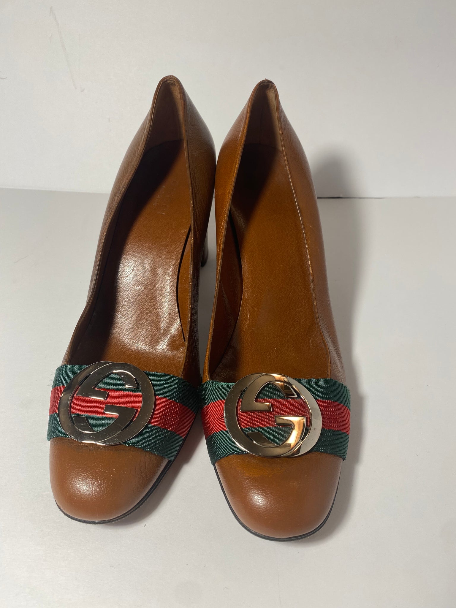 Gucci iInterlocking Gg Web Mid Calfskin Leather Pumps  Size: 38.5