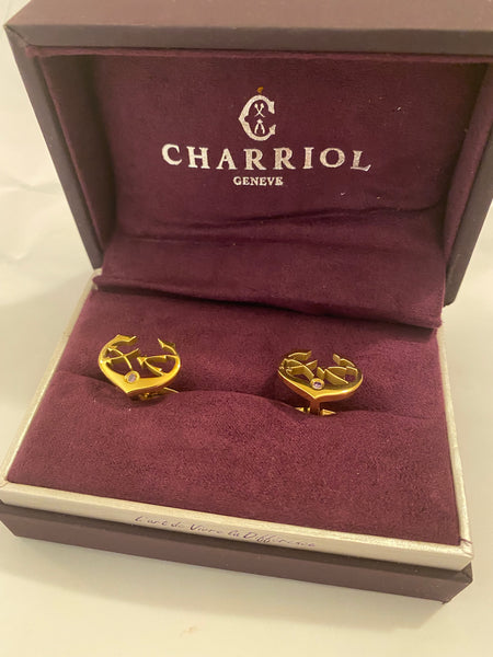 CHARRIOL C-LOGO STAINLESS STEEL YELLOW GOLD PLATED WHITE CUBIC ZIRCONIA CUFFLINKS