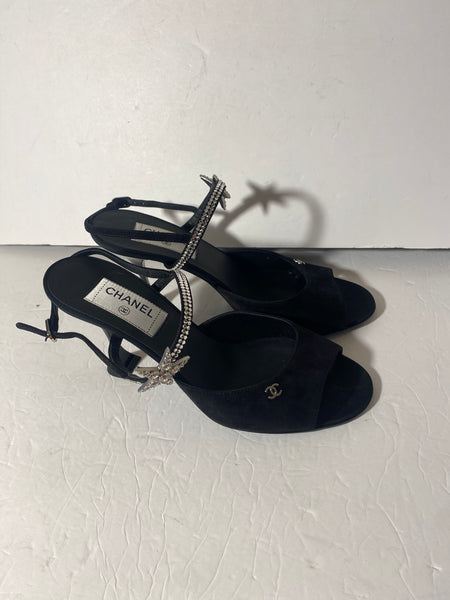 Chanel Cc Ankle Strap Suede Heel Sandals Sz:40/9