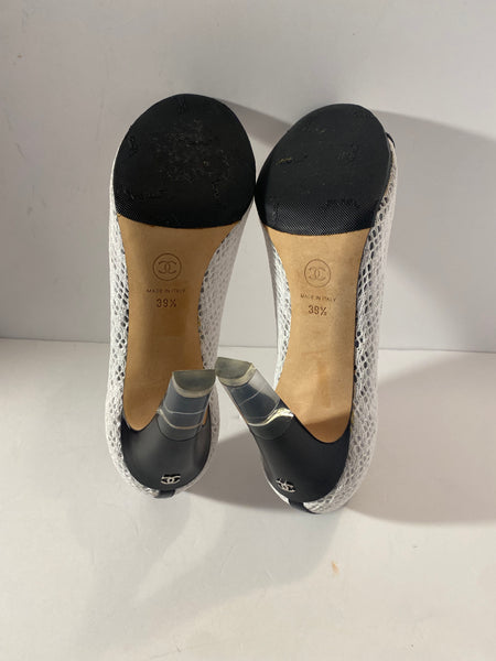 Chanel white lace black leather open toe Size: 39.5