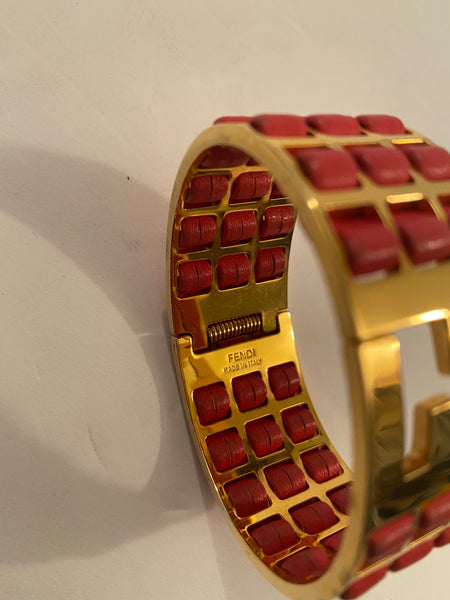 Fendi FF Gold Tone Leather Detail Cuff Bracelet Red