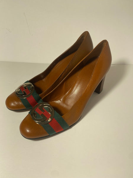 Gucci iInterlocking Gg Web Mid Calfskin Leather Pumps  Size: 38.5