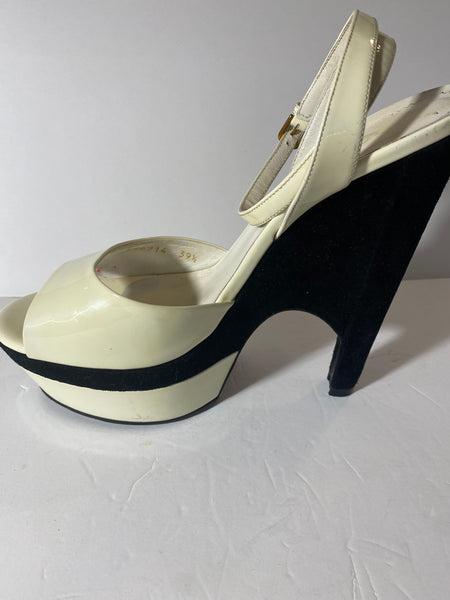 Yves Saint Laurent Paris White Patent Leather & Black  Velvet Platform Heels Size:39.5/9