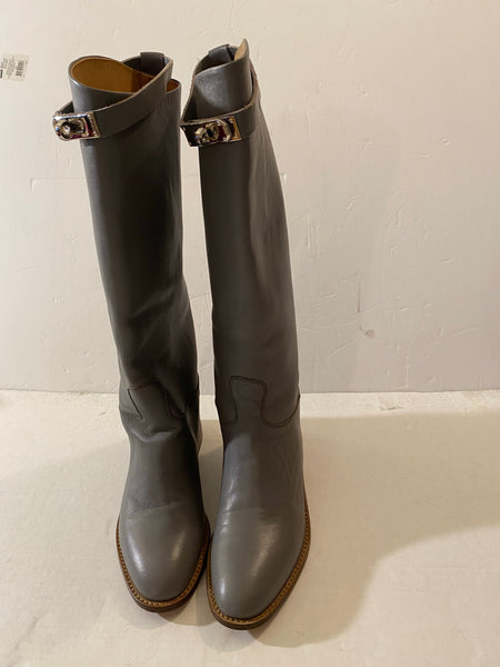 HERMÈS JUMPING LEATHER RIDING BOOTS - GREY Size: 38