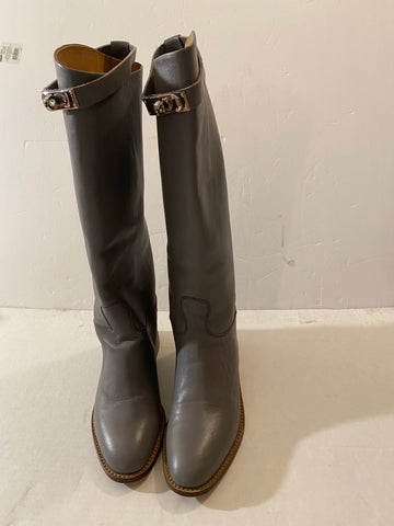 HERMÈS JUMPING LEATHER RIDING BOOTS - GREY Size: 38