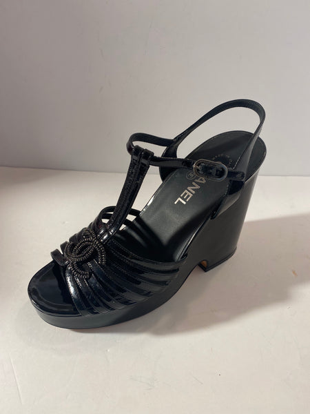 Chanel Black Cc Logos Patent Leather Heels Sandals Size:39.5