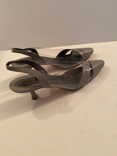 Rene Mancini Clear Sided Grey Fabric Slingback Pumps Sz: 38.5/8