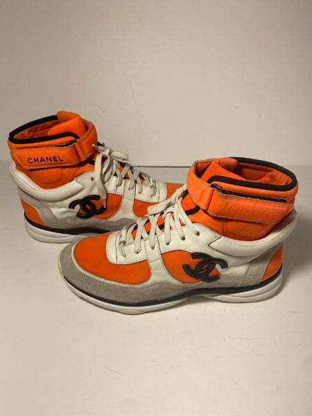 CHANEL Suede Calfskin Lambskin Neoprene High Top CC Sneakers White Fluo Orange Size: 41