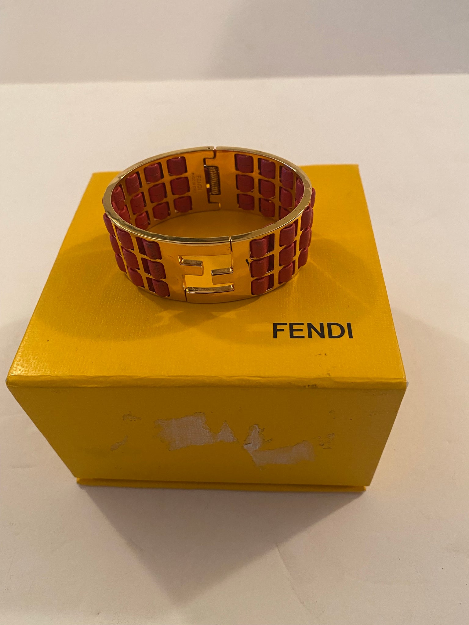 Fendi FF Gold Tone Leather Detail Cuff Bracelet Red