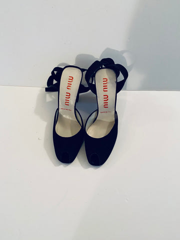 Miu Miu Black Lace Up Suede Sandals.