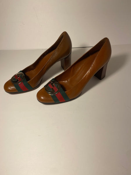 Gucci iInterlocking Gg Web Mid Calfskin Leather Pumps  Size: 38.5