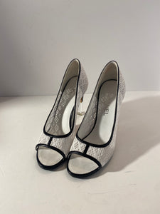 Chanel white lace black leather open toe Size: 39.5