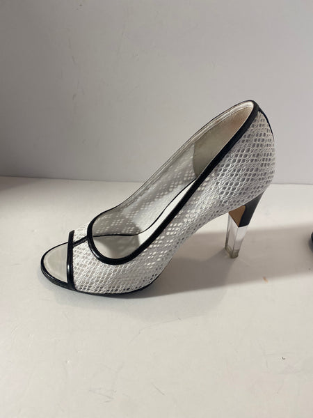 Chanel white lace black leather open toe Size: 39.5