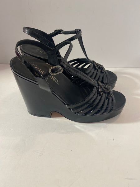 Chanel Black Cc Logos Patent Leather Heels Sandals Size:39.5