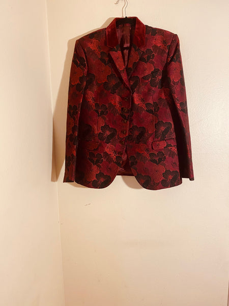 Alexander McQueen Bordeaux Martini Floral Silk Suit Size: 54