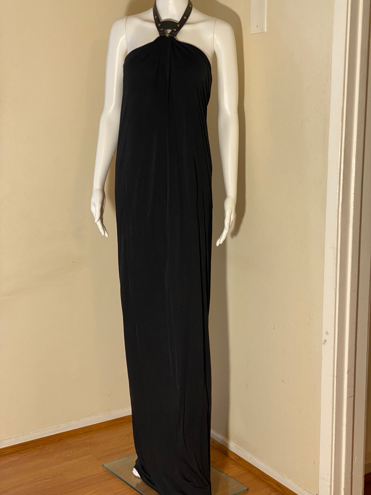 Gucci Black Leather Choker Halter Neck Bodycon Maxi Dress Sz 40/6