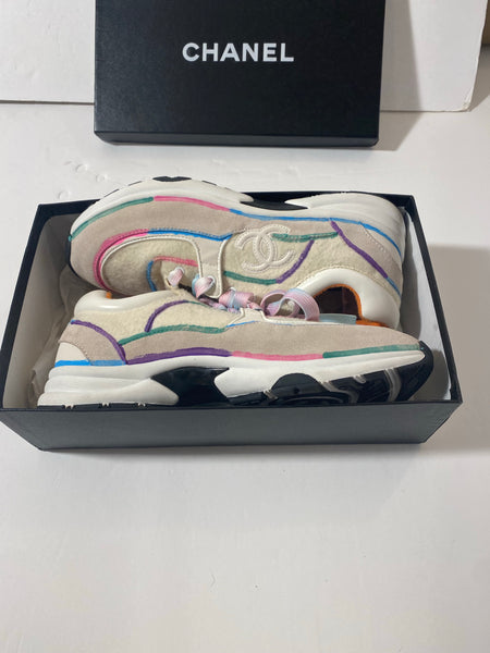 CHANEL Wool Suede Calfskin CC Sneakers Multicolor Size: 38