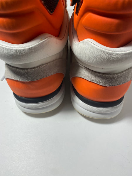 CHANEL Suede Calfskin Lambskin Neoprene High Top CC Sneakers White Fluo Orange Size: 41