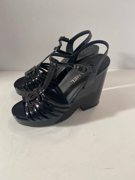 Chanel Black Cc Logos Patent Leather Heels Sandals Size:39.5