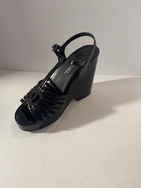 Chanel Black Cc Logos Patent Leather Heels Sandals Size:39.5