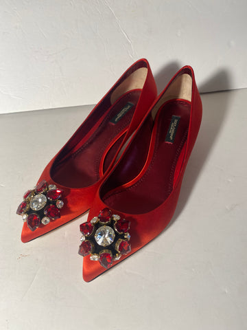 Dolce & Gabbana Red Satin Crytal Embellished Pumps Size 39