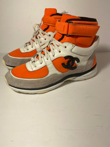 CHANEL Suede Calfskin Lambskin Neoprene High Top CC Sneakers White Fluo Orange Size: 41