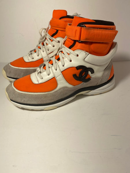 CHANEL Suede Calfskin Lambskin Neoprene High Top CC Sneakers White Fluo Orange Size: 41