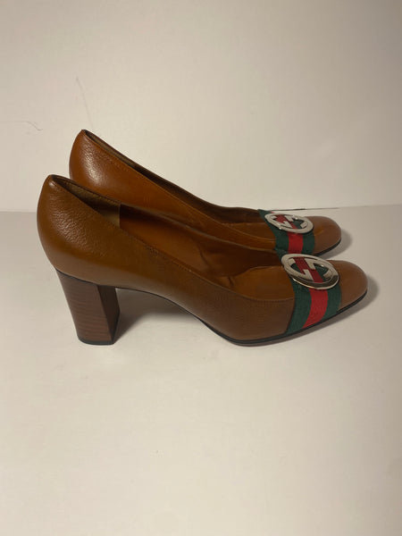 Gucci iInterlocking Gg Web Mid Calfskin Leather Pumps  Size: 38.5