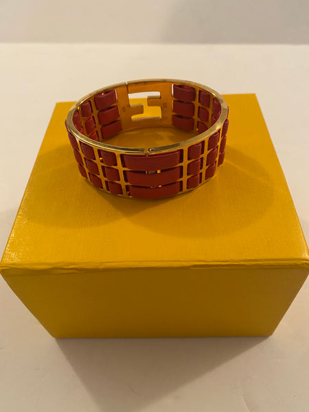 Fendi FF Gold Tone Leather Detail Cuff Bracelet Red