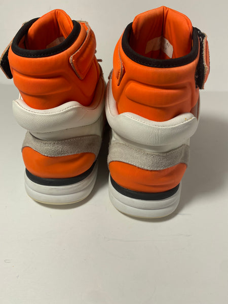 CHANEL Suede Calfskin Lambskin Neoprene High Top CC Sneakers White Fluo Orange Size: 41