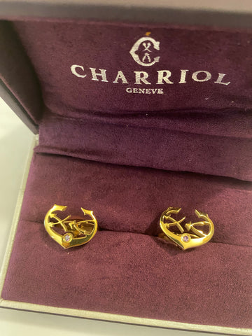 CHARRIOL C-LOGO STAINLESS STEEL YELLOW GOLD PLATED WHITE CUBIC ZIRCONIA CUFFLINKS