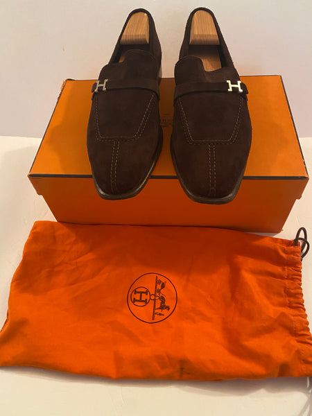 Hermes Men's Paris Loafers Suede in Brown Size 43 US 10