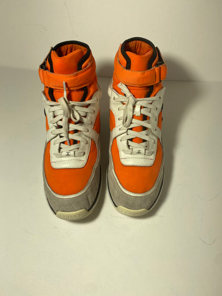 CHANEL Suede Calfskin Lambskin Neoprene High Top CC Sneakers White Fluo Orange Size: 41