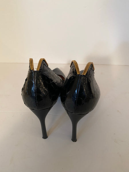 Lanvin Black Snakeskin and Brass Pointed Toe Pump